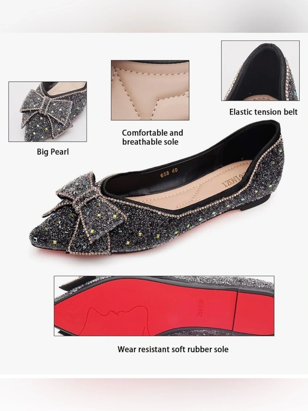 Pointed Rhinestone Glitter Bow Flats women’s shoes sz 6